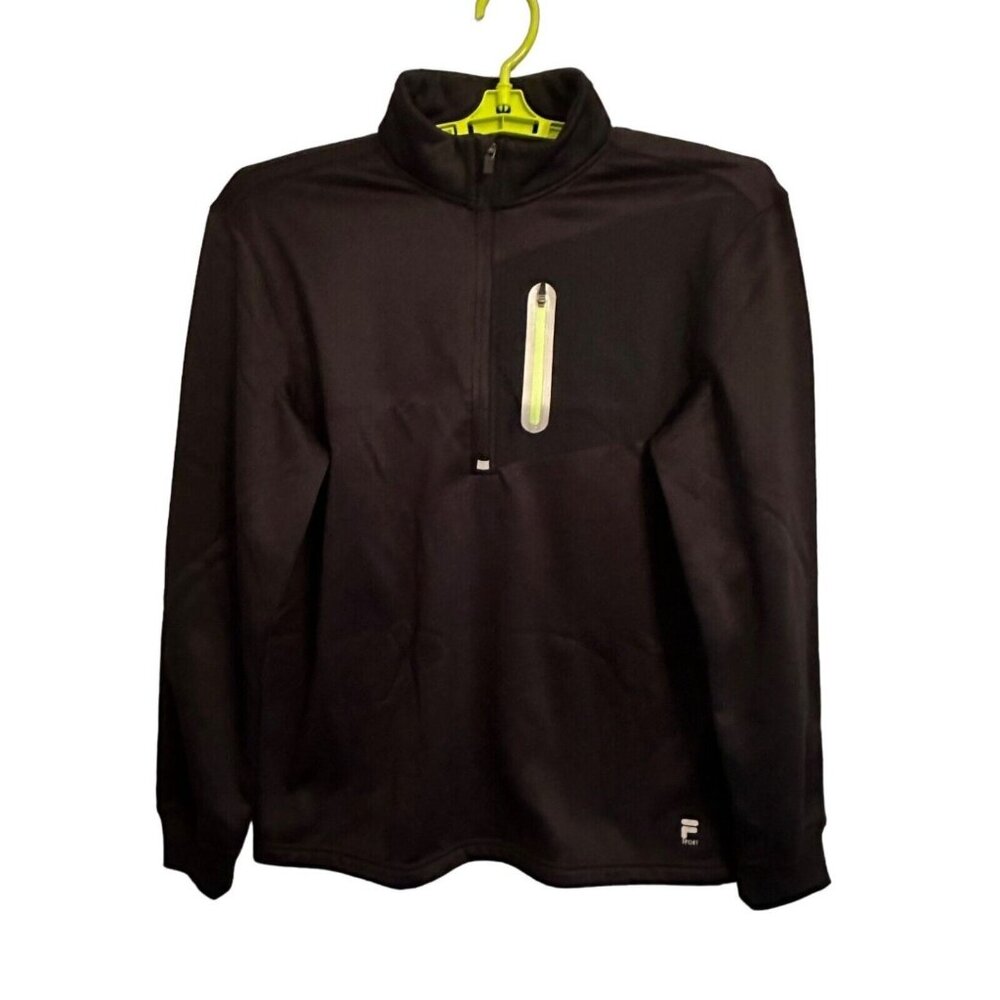Mens FILA 1/4 Zip Black Lime Green & Reflective Accents Long Sleeve Blend SZ M